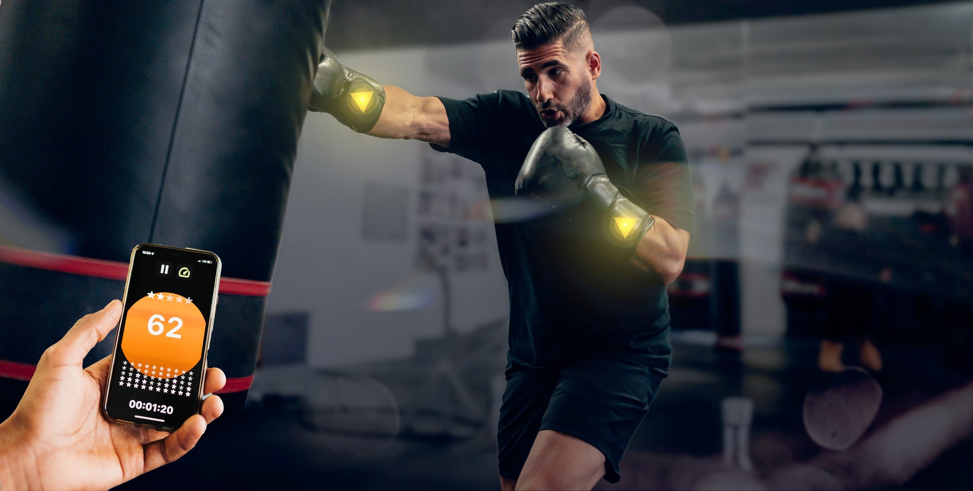 POWA Boxing Technology Tracking Punches with Boxer in Background 
